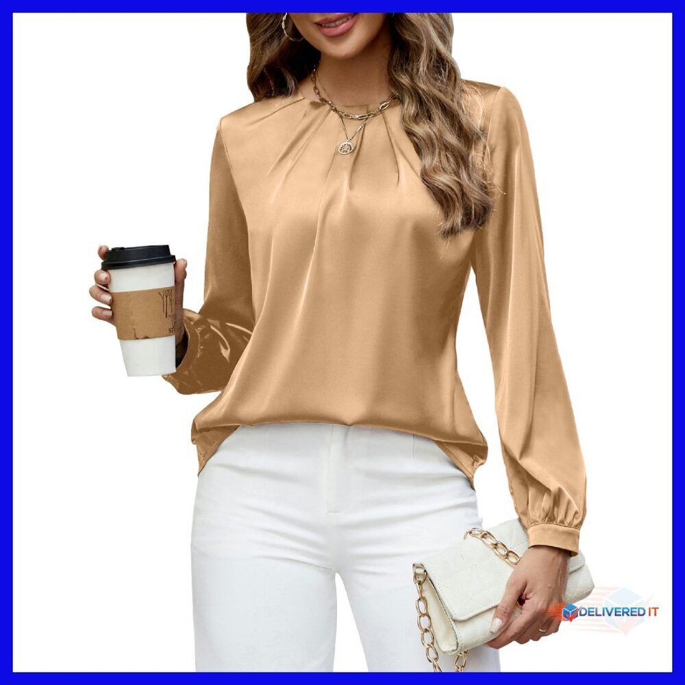 Long Sleeve Satin Blouse Pleated Business Casual Work Shirt
